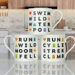 Fine Bone China Mugs - Set Of 3 - Swim, Cycle, Climb And Run